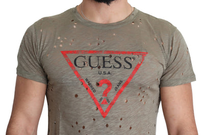 Brown Cotton Stretch Logo Print Men Casual Perforated T-shirt