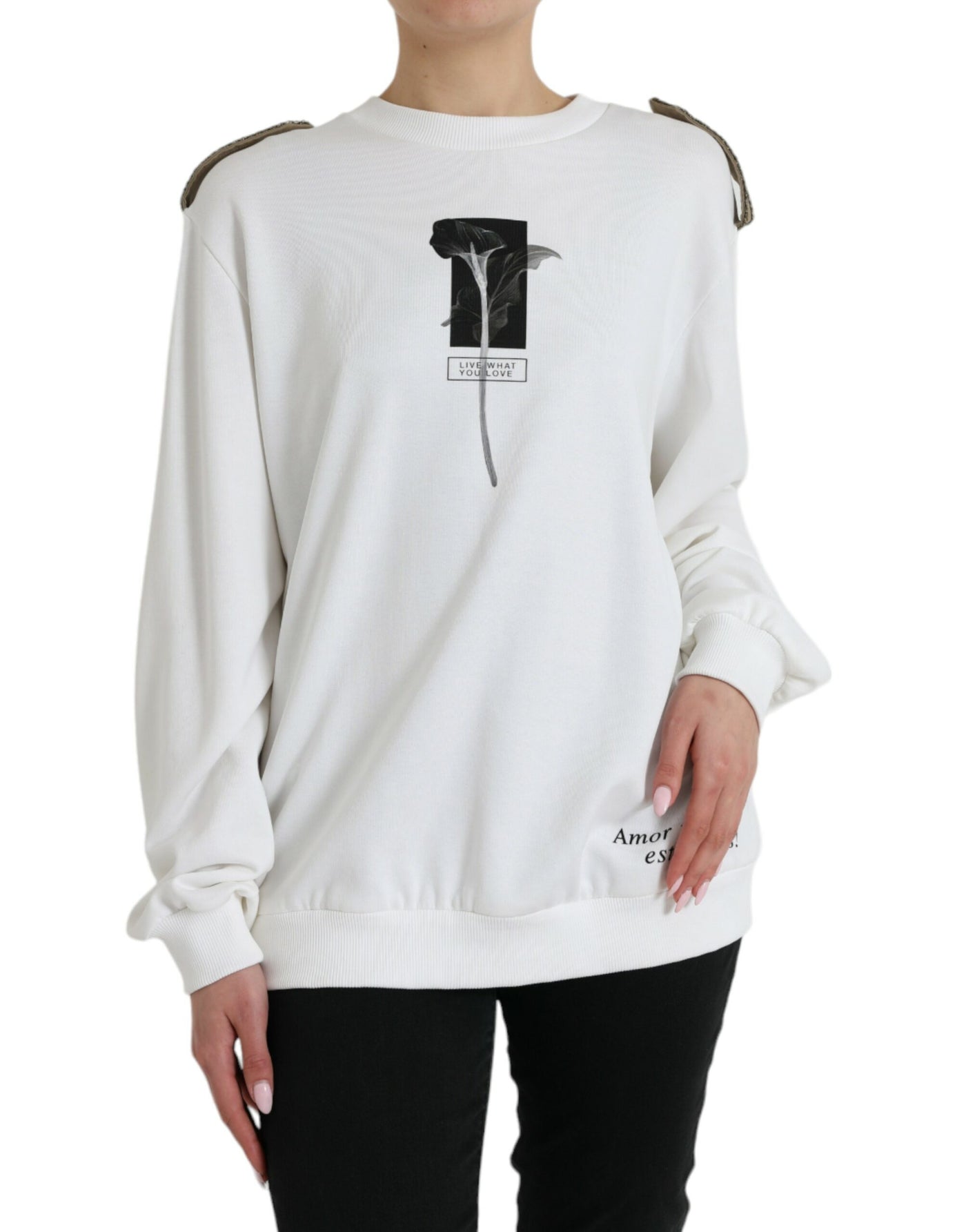 White Floral Cotton Crew Neck Pullover Sweater