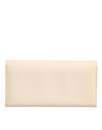 Beige Leather Trifold Logo Plaque Card Holder Wallet
