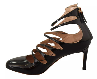 Black Multi Strap Leather Mid Heels Pumps Shoes