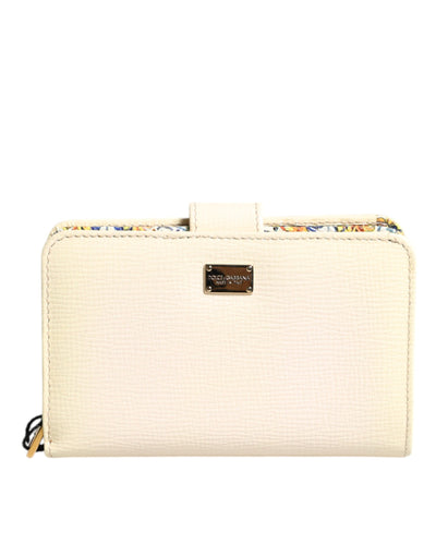 Ivory Calf Leather Compact Logo Plaque Card Holder Wallet