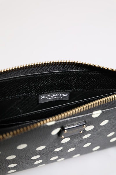 Black White Dotted Leather Zip Around Continental Wallet