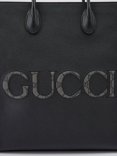 Black Leather Logo Medium Tote Bag