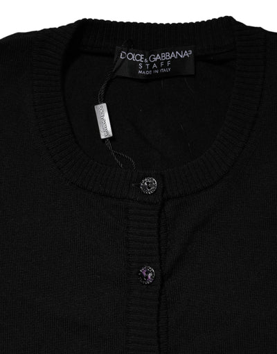 Black Wool Knit Crew Neck Cardigan Sweater