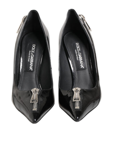 Black Patent Leather Zipper Heels Pumps Shoes