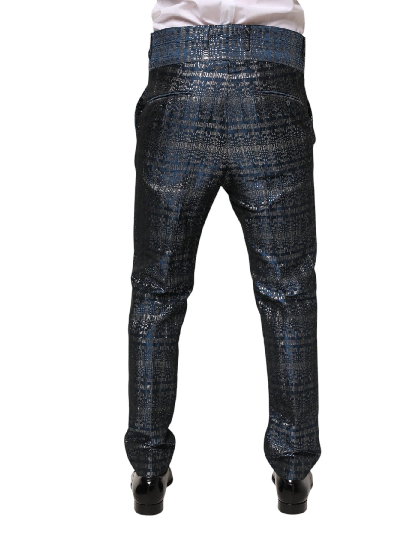 Blue Silver Shiny Silk Skinny Men Trouser Pants