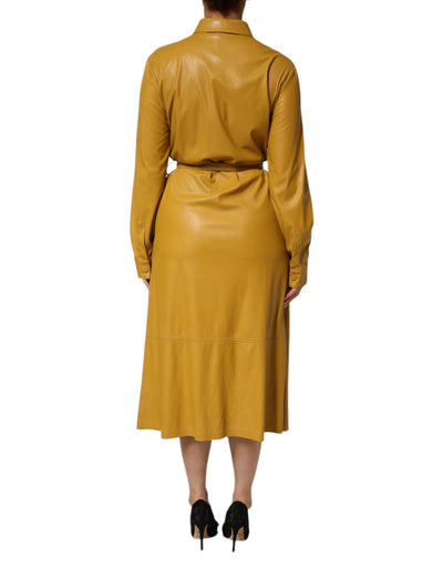 Polyester Belted Shirt Midi Long Sleeve Yellow Mustard