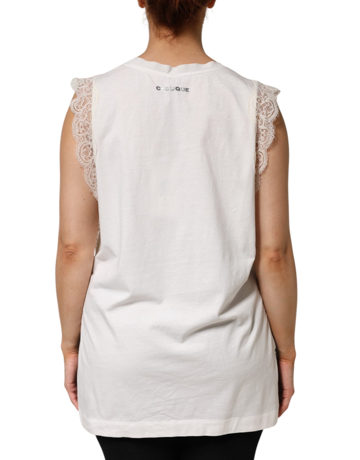 White Silk Blend Lace Trim Sleeveless V-Neck Women’s Top