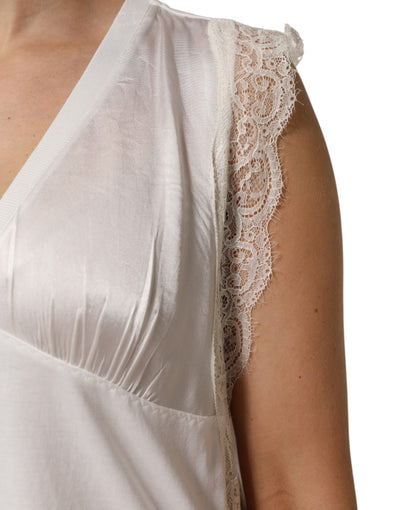 White Silk Blend Lace Trim Sleeveless V-Neck Women’s Top