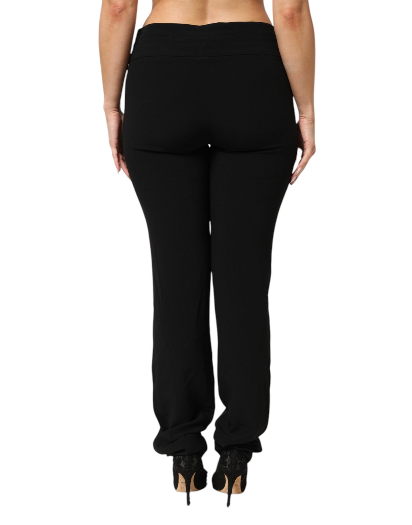 Black Viscose Acetate Blend Straight Leg High Waist Pants